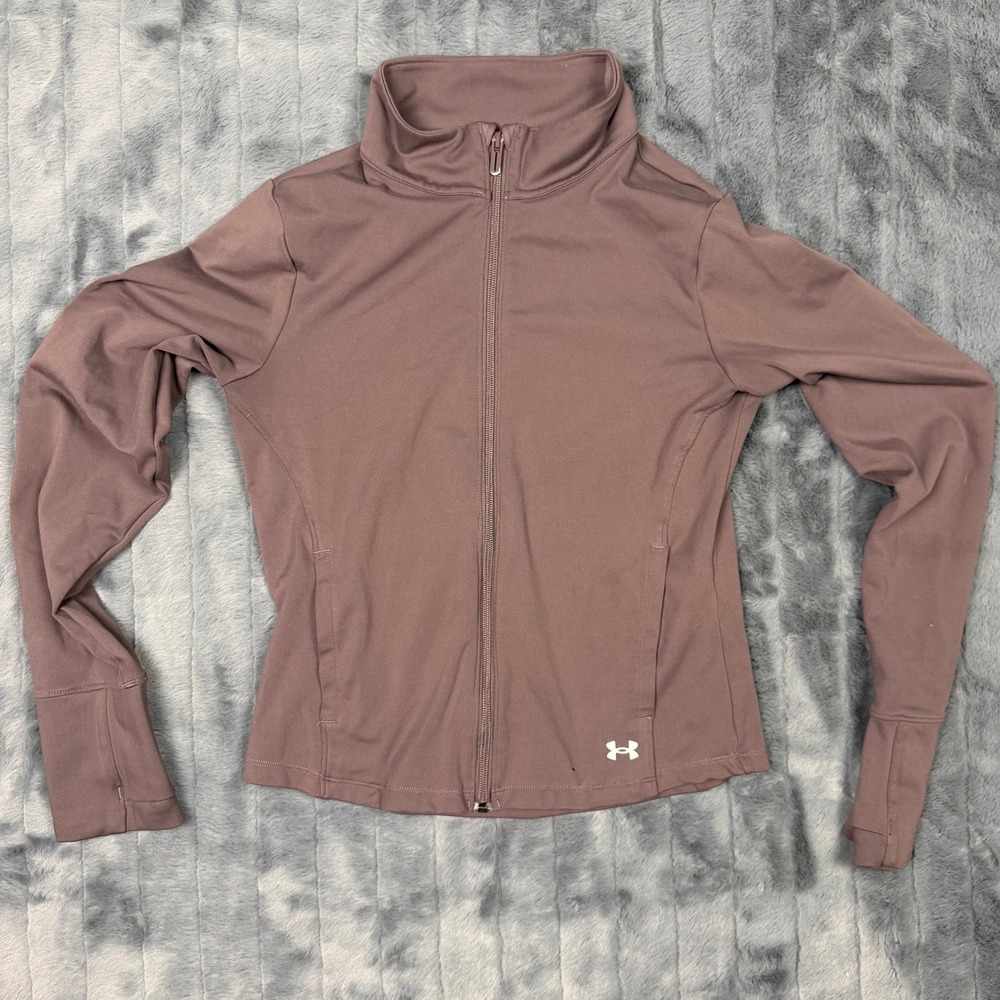 Under Armour Womens Full Zip Track Jacket Mauve Taupe Mock Neck Thumbholes S